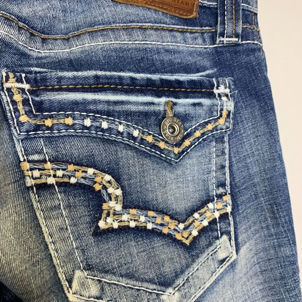 Big Star Womens Maddie Boot Mid-rise Jeans Y2K Button‎ flap Pockets Faded 33x30